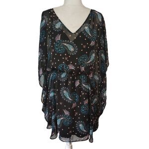 Express Large Women's Black Paisley V-Neck Lined Flutter Side Sleeveless Dress